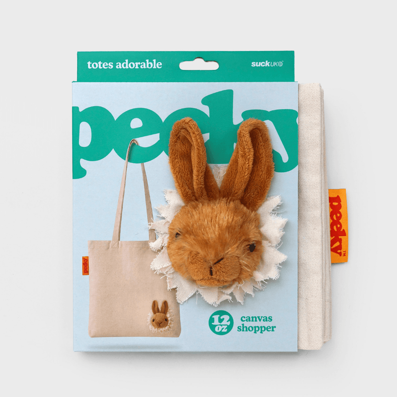 SUCK UK Peeky Bunny tote bag folded in its Totes Adorable branded sleeve, showing the fluffy rabbit head and 12 oz canvas label.