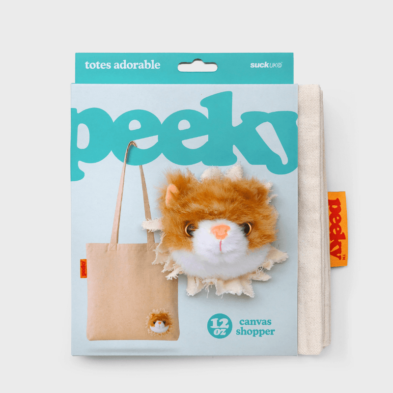 SUCK UK Peeky Cat tote bag folded in its blue Totes Adorable branded retail sleeve, showing the ginger-and-white plush kitten head.