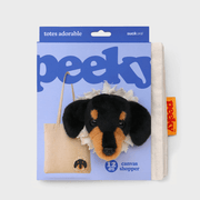 SUCK UK Peeky Dog tote bag in blue Totes Adorable packaging, displaying the black-and-tan plush puppy head and 12 oz canvas shopper label.