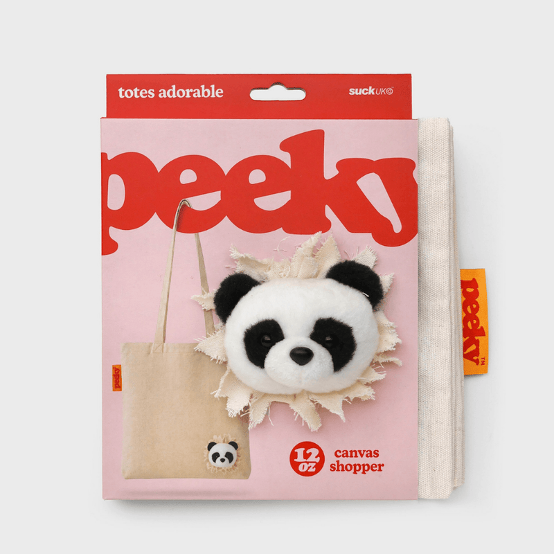 SUCK UK Peeky Panda tote bag in pink and red Totes Adorable retail packaging, showing the plush panda head and 12 oz canvas shopper label.
