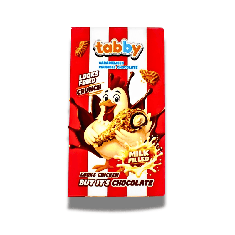 Tabby Chicken Chocolate novelty milk chocolate bar with caramelised crumble crunch and milk filled centre