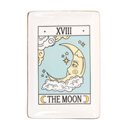 Front-facing shot of rectangular Tarot The Moon trinket dish with crescent moon design.

