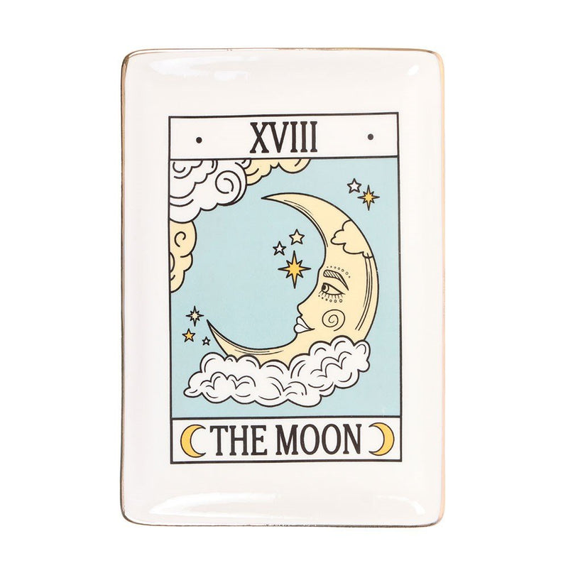 Front-facing shot of rectangular Tarot The Moon trinket dish with crescent moon design.

