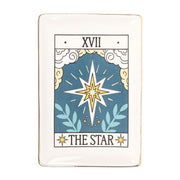 Front-facing shot of rectangular Tarot The Star trinket dish with starburst design.

