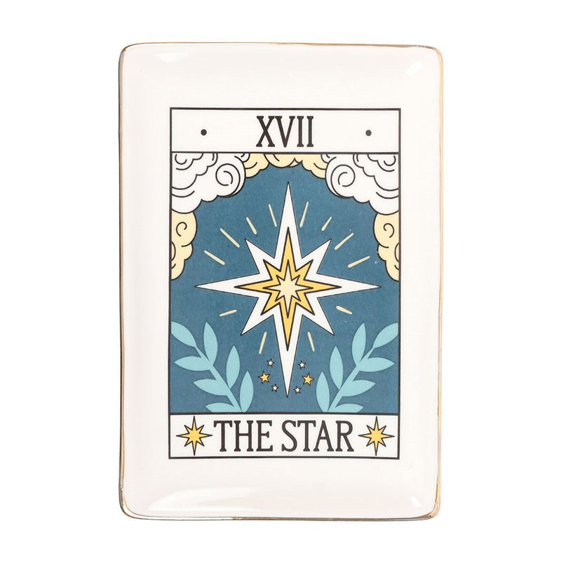Front-facing shot of rectangular Tarot The Star trinket dish with starburst design.

