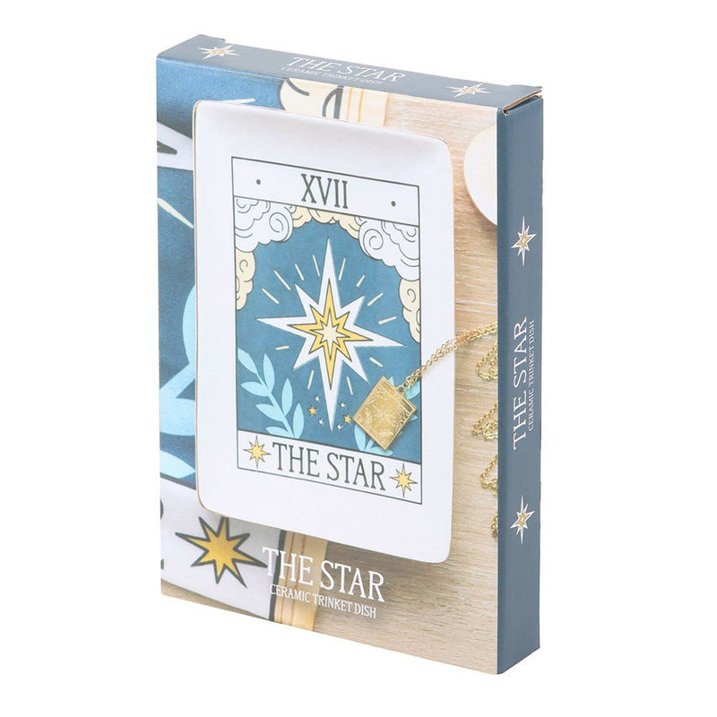 Tarot The Star trinket dish displayed in navy-blue illustrated gift box.
