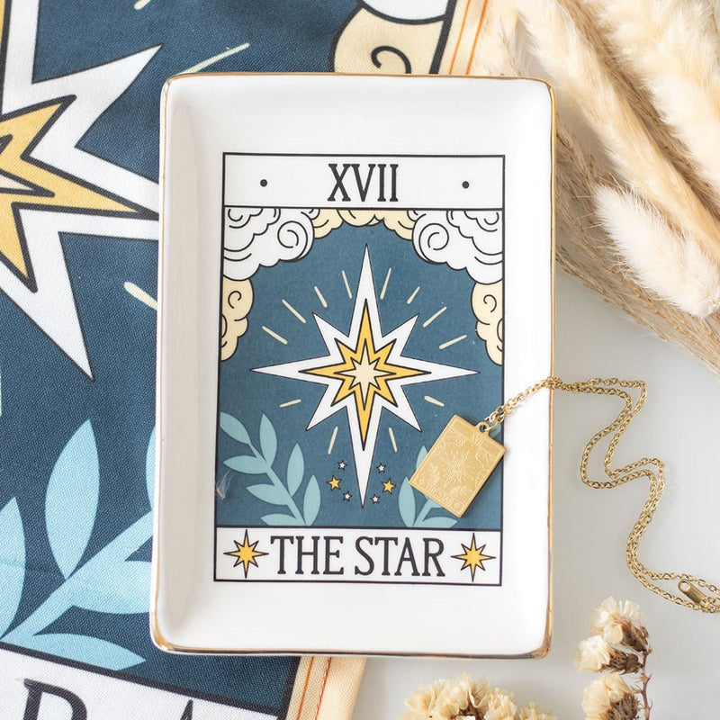 Tarot The Star ceramic trinket dish styled with necklace and pampas grass.
