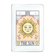 Front view of rectangular Tarot The Sun trinket dish with gold edging.
