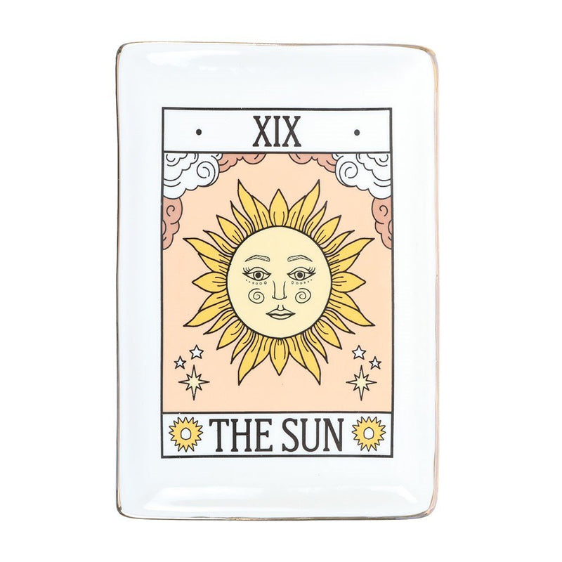 Front view of rectangular Tarot The Sun trinket dish with gold edging.
