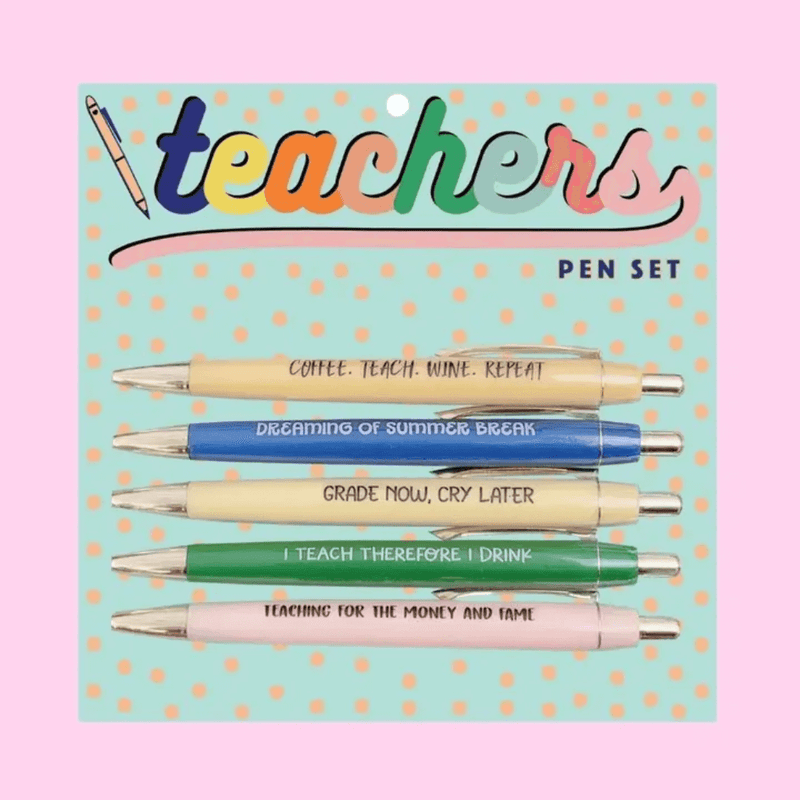 Teachers pen set of five funny ballpoint pens with teacher slogans, including a red ink grading pen