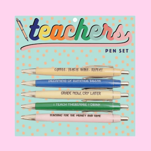 Teachers pen set of five funny ballpoint pens with teacher slogans, including a red ink grading pen