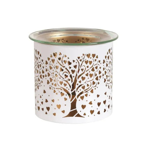Tealight Wax Melter and Candle Holder - White & Gold Silhouette Heart Tree - Something Different Gift Shop