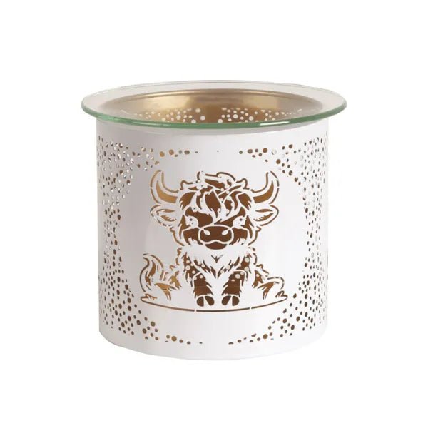 Tealight Wax Melter and Candle Holder - White & Gold Silhouette Highland Cow - Something Different Gift Shop