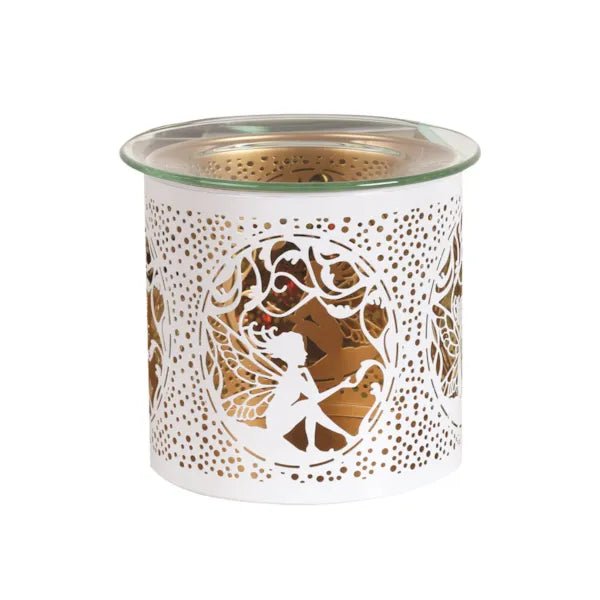 Tealight Wax Melter and Candle Holder - White & Gold Silhouette Seated Fairy - Something Different Gift Shop