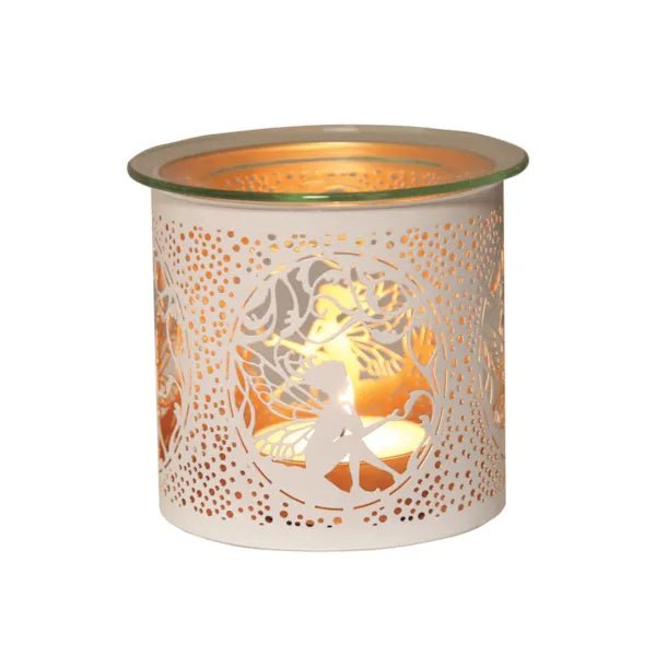 Tealight Wax Melter and Candle Holder - White & Gold Silhouette Seated Fairy - Something Different Gift Shop