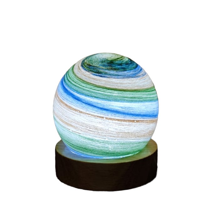 Terra Azure planet USB night light green and blue swirled 8 cm globe on wooden base; plug-in USB light gift for children
