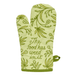 Front of Blue Q The Food Has Weed In It oven mitt with green leafy design