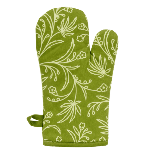 Back view of green oven mitt with all-over leafy print and hanging loop.