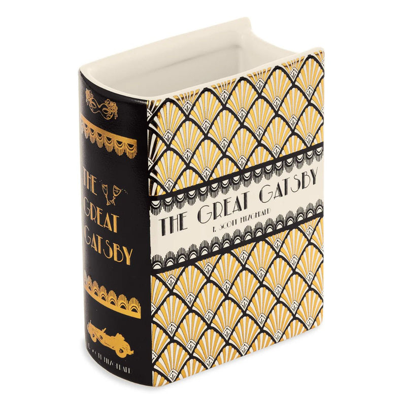 Great Gatsby art deco ceramic book vase with black cream and gold design