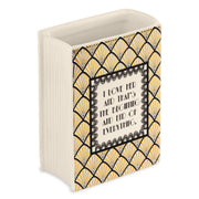 Back of Great Gatsby book vase showing romantic quote panel