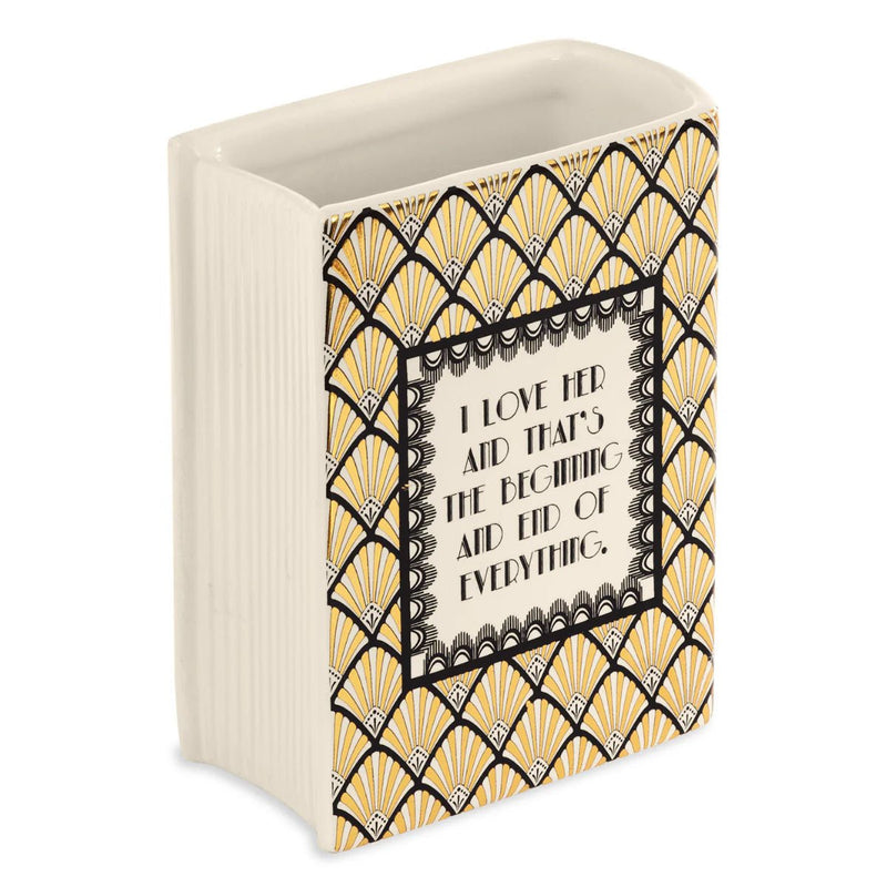 Back of Great Gatsby book vase showing romantic quote panel