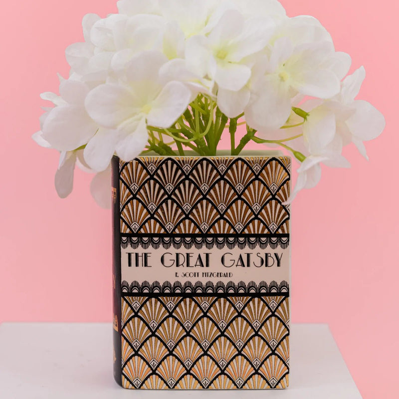 Great Gatsby book-shaped vase styled with flowers
