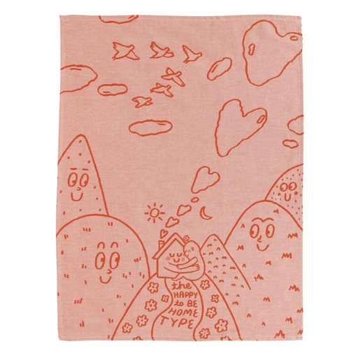 Full The Happy To Be Home Type tea towel, peach doodle landscape design on cotton.