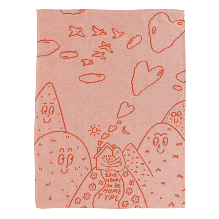 Full The Happy To Be Home Type tea towel, peach doodle landscape design on cotton.