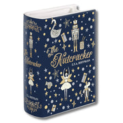 Small ceramic book vase in navy with The Nutcracker artwork in gold and white