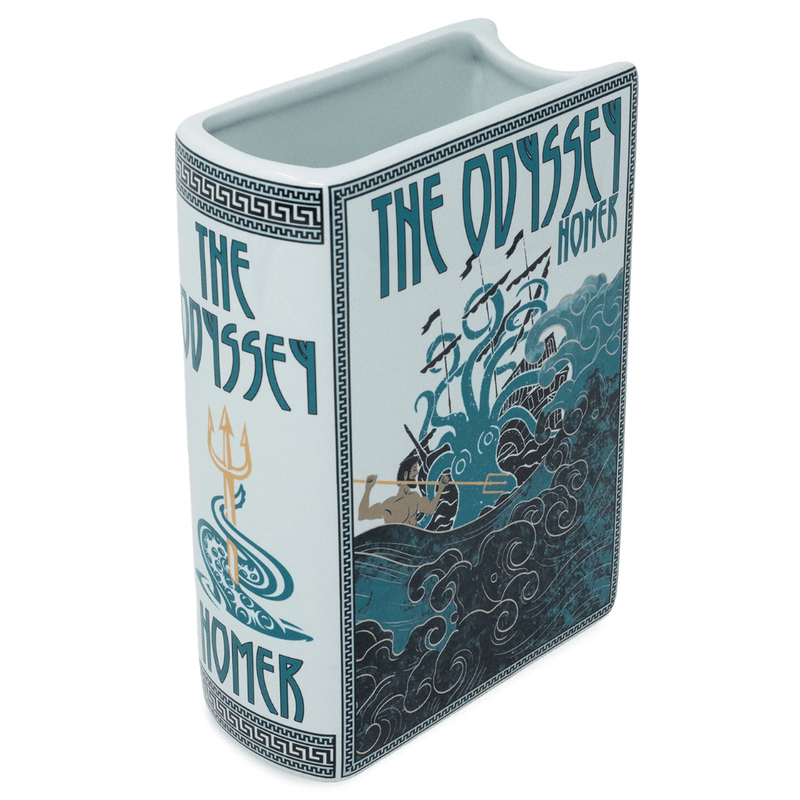 Angled front view of The Odyssey large ceramic book vase
