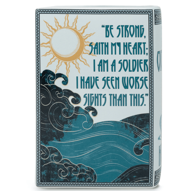 Side view of The Odyssey large ceramic book vase with decorative quote panel
