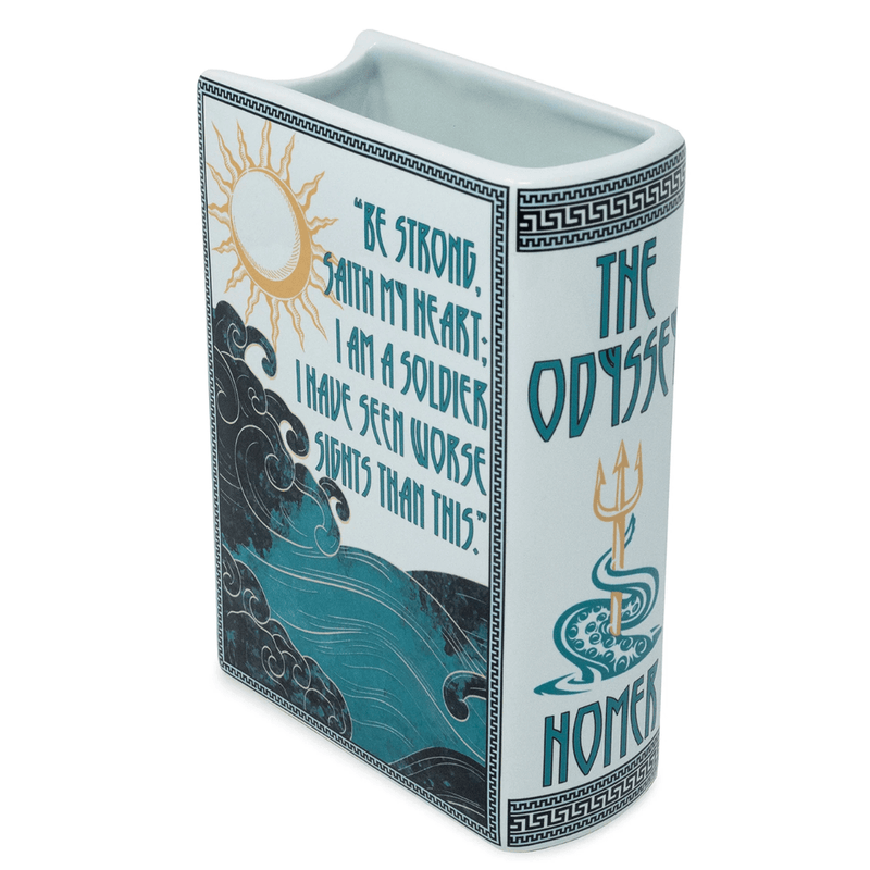Angled rear view of The Odyssey large ceramic book vase