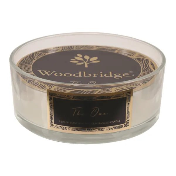 The One 5 wick candle with clear jar and gold foil label, inspired by CK One

