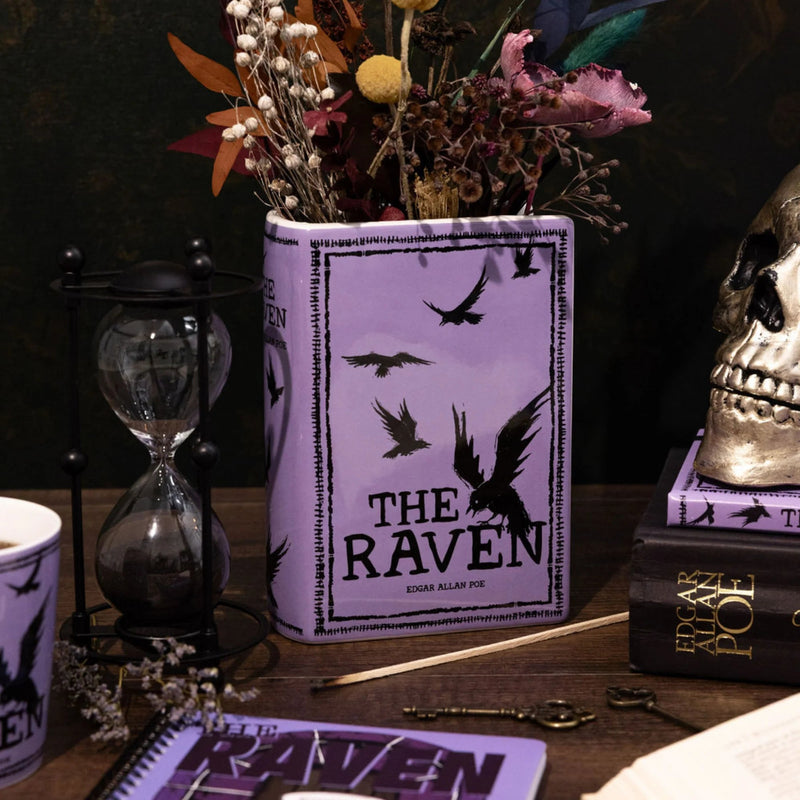The Raven literary book vase with gothic black and floral design