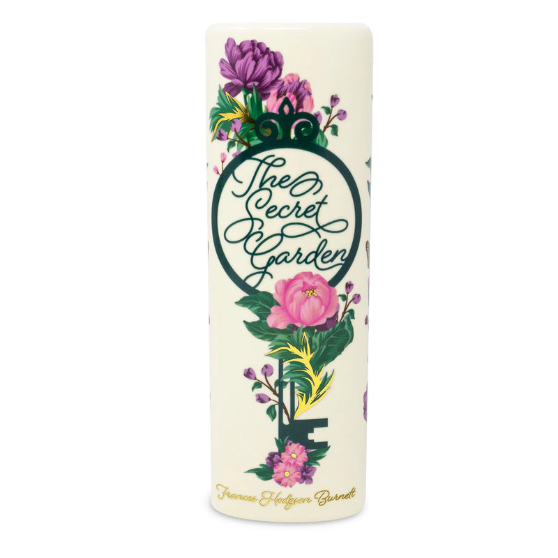 Spine view of The Secret Garden ceramic book vase showing key motif and floral details.