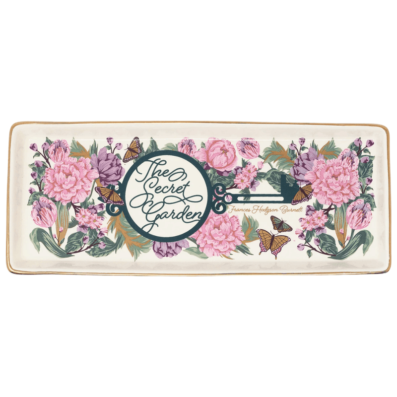Front view of The Secret Garden ceramic trinket tray with floral design and gold details
