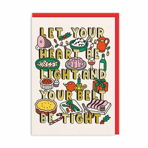 Cream Christmas card with gold-foil text “Let your heart be light and your belt be tight” surrounded by festive food; A6, blank inside, red envelope by The Social Type
