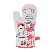 Front of Blue Q This Is Fucking Delicious oven mitt with retro diner illustration