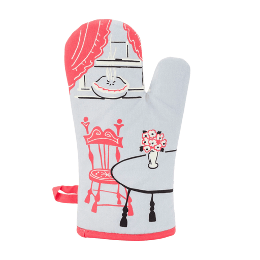 Back view of oven mitt with diner-style scene, table and chair illustration and red trim.