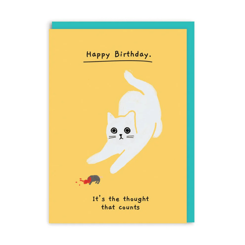 Funny birthday greeting card with white cat delivering a dead mouse gift on mustard-yellow background
