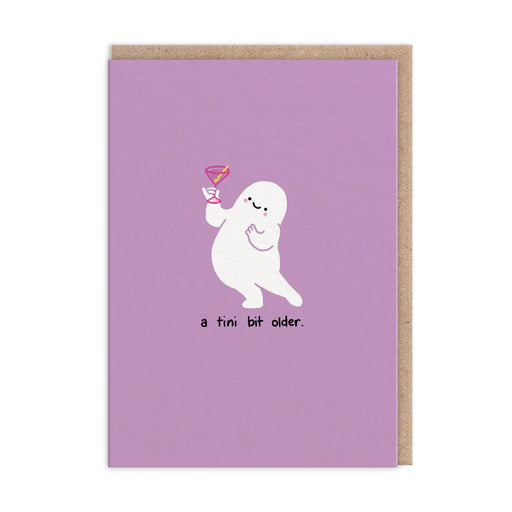 Lilac funny birthday card – cute character holding a martini, text reads a tini bit older – A6 with kraft envelope