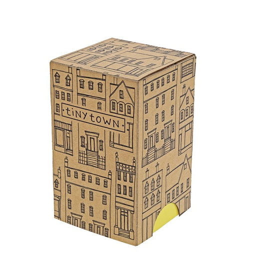 Tiny Town illustrated kraft gift box with house drawings and yellow tab