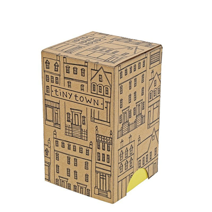 Tiny Town illustrated kraft gift box with house drawings and yellow tab