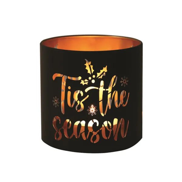 Round black and gold Tis the Season tealight candle holder shown lit