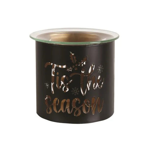 Unlit black and gold Tis the Season tealight wax melter with glass dish on top