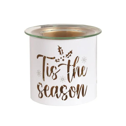 Unlit white and gold Tis the Season tealight wax melter with glass dish on top