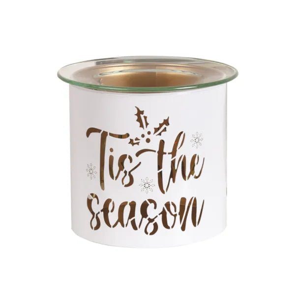 Unlit white and gold Tis the Season tealight wax melter with glass dish on top