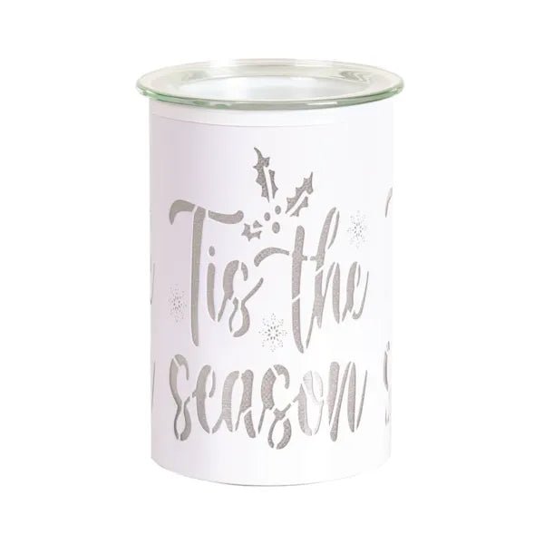 White Tis the Season LED wax melter lit with bright white glow through the cut-out