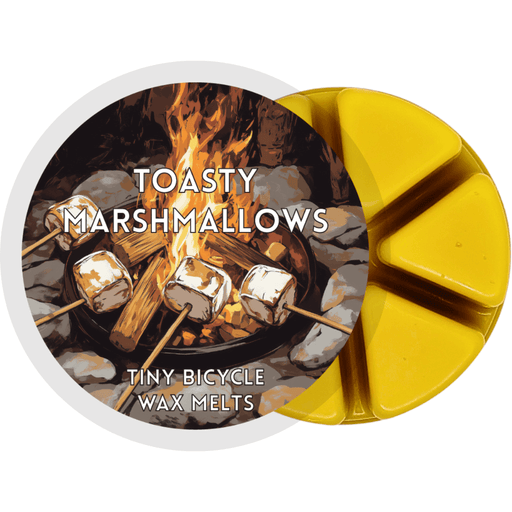 Toasty Marshmallows yellow segmented wax melt pot with marshmallows roasting over a campfire
