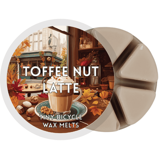 Toffee Nut Latte wax melt label with cosy café scene; toffee nut, coffee and marshmallow home fragrance wax melts